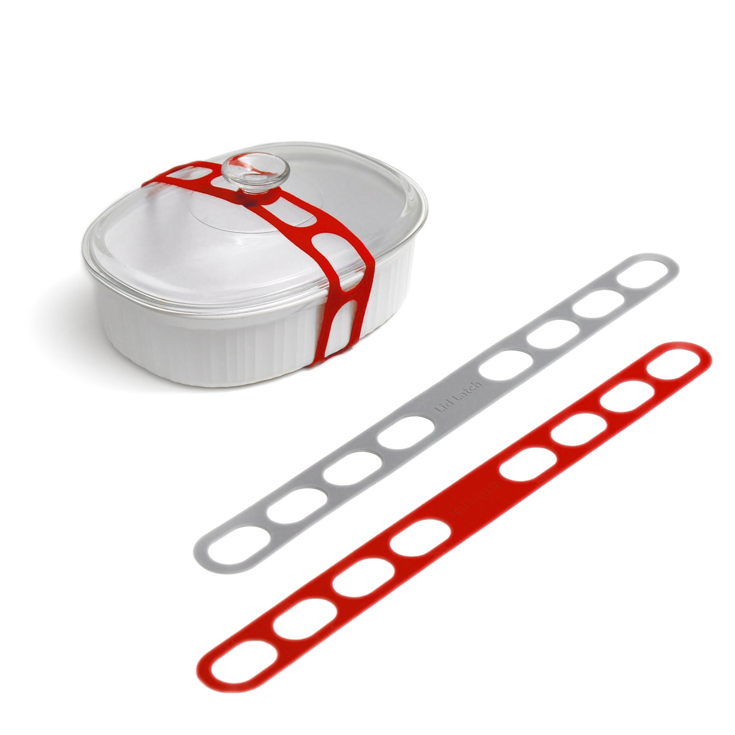 Lid Latch the reusable universal lid securing strap for crockpots, casserole dishes, pots, pans and more.