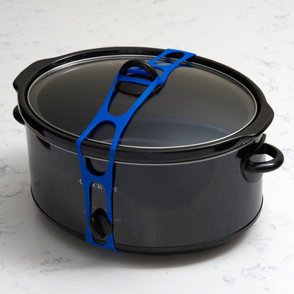 Lid Latch the reusable universal lid securing strap for crockpots, casserole dishes, pots, pans and more.