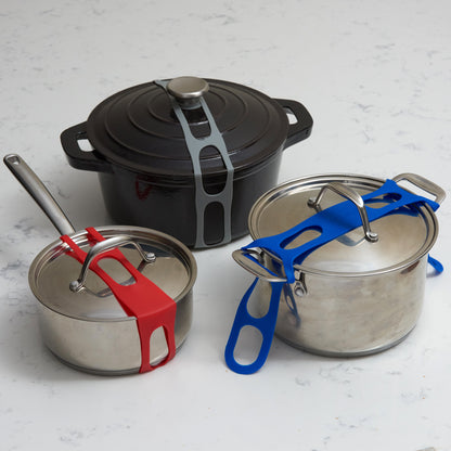 Lid Latch the reusable universal lid securing strap for crockpots, casserole dishes, pots, pans and more.